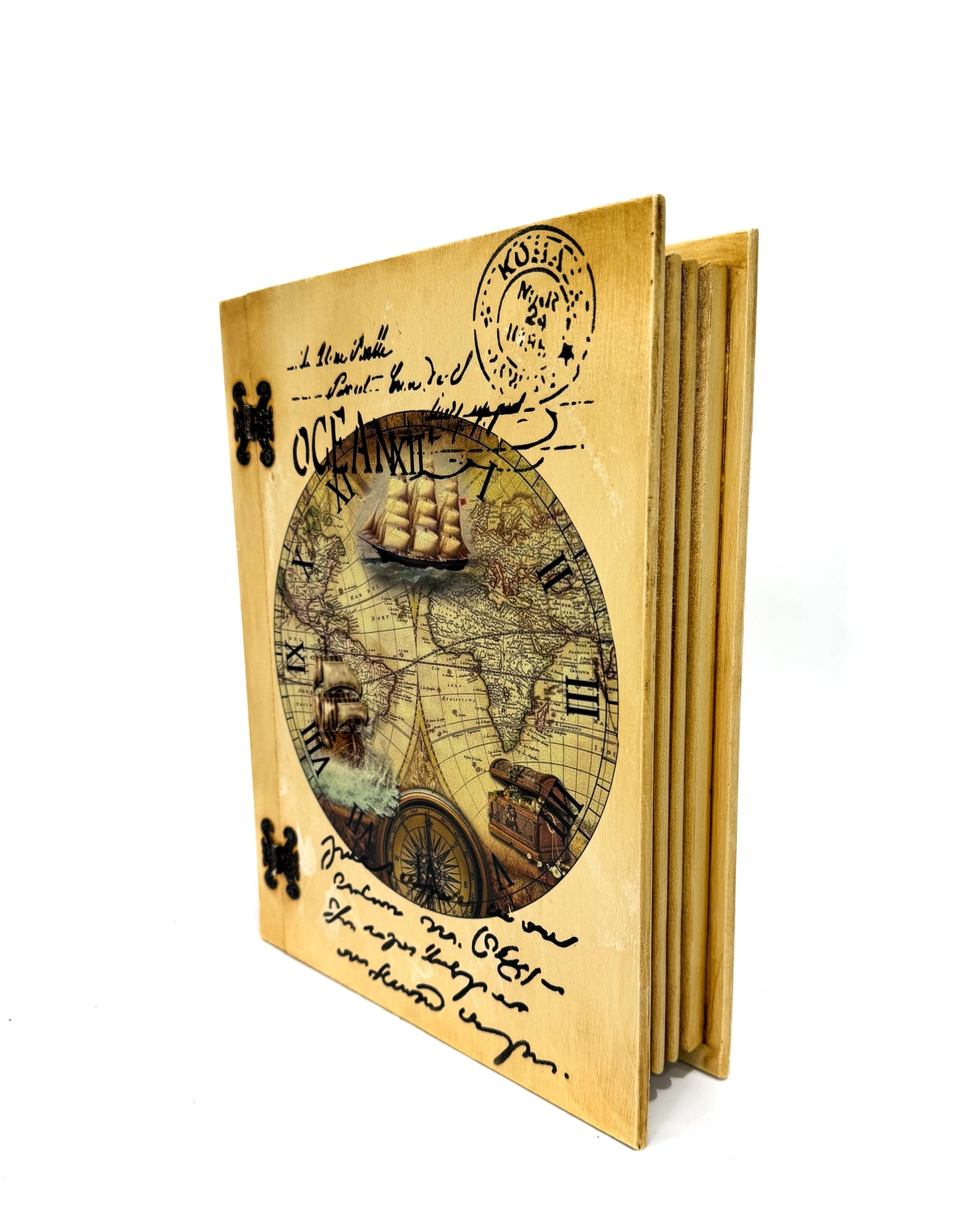 Harita Desenli Dekoratif Ahşap Kitap Kutusu