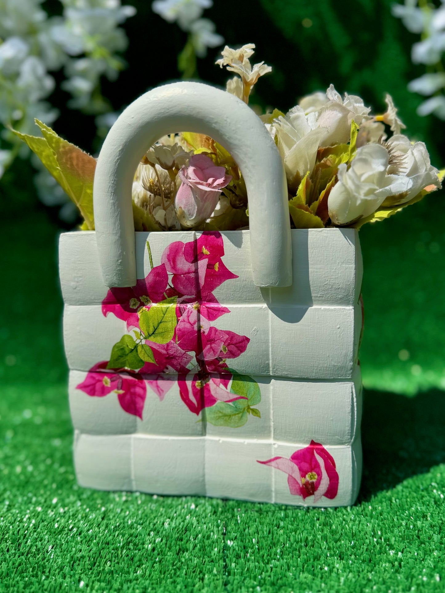 Çiçek Desenli El Boyaması Polyester Çanta Saksı