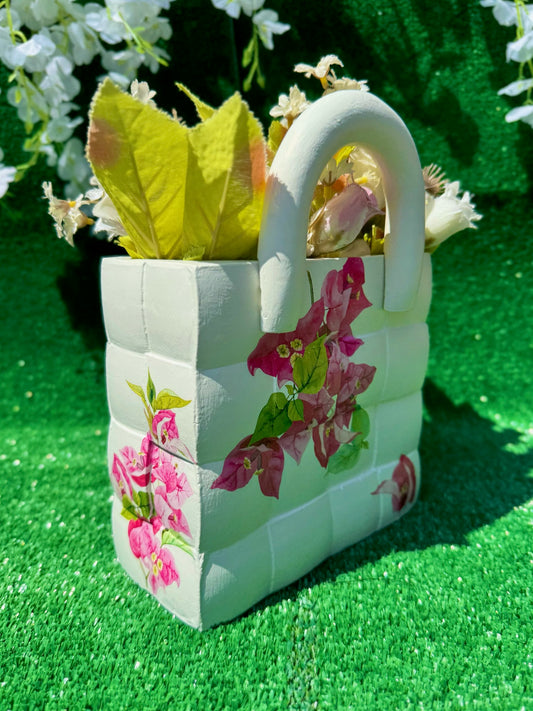 Çiçek Desenli El Boyaması Polyester Çanta Saksı