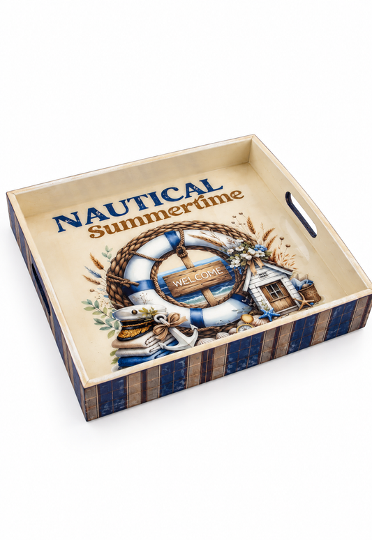 El Boyaması Epoksi Ahşap Tepsi - Marin / Nautical Temalı Kulplu Sunum ve Dekoratif Sehpa Tepsisi