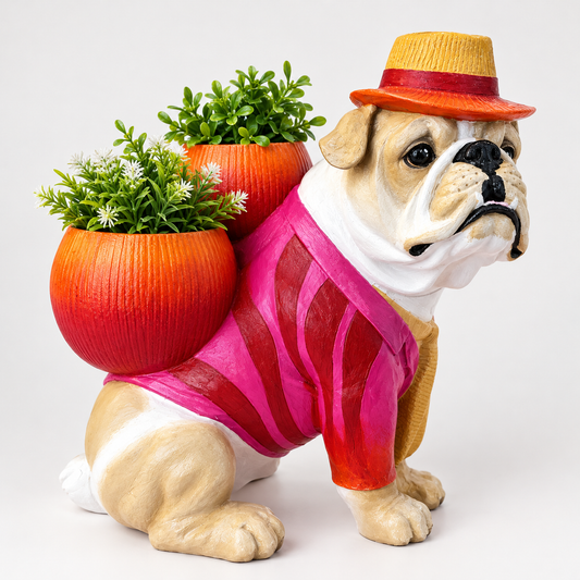 El Yapımı Bulldog Polyester Saksı 45 cm – Şapkalı Dekoratif Köpek Saksı